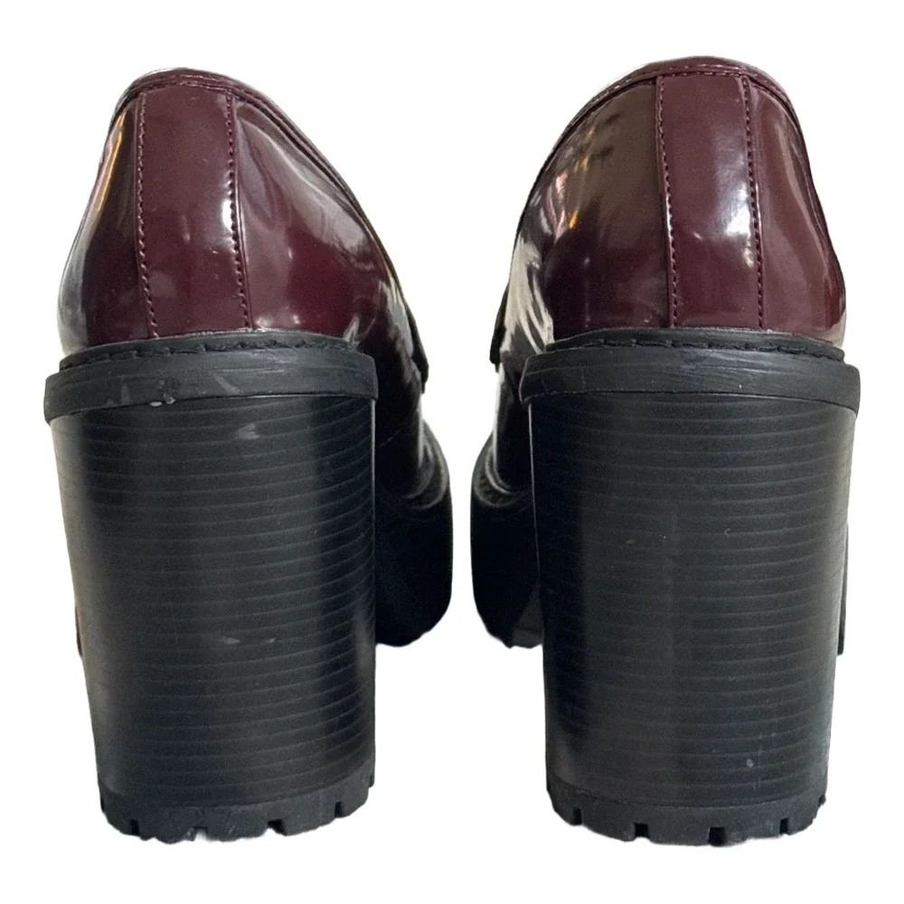 Madden Girl Kiiera Burgundy Patent Platform Loafers Horsebit Lug Sole Heel 9.5M